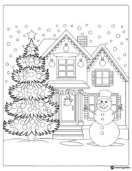 Snowman Coloring Page with House and Christmas Tree