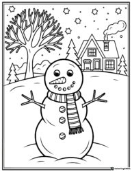 Snowman Coloring Page with Scarf and Winter Cabin Background