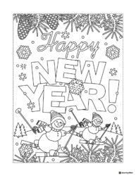 Snowman Skiing Coloring Sheet with Snowflakes and Pinecones