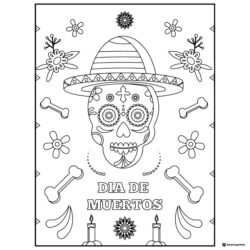 Sombrero Skull Coloring Page with Bones and Dia de Muertos Text