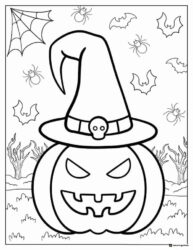 Spooky Pumpkin Coloring Sheet with Hat Bats and Webs