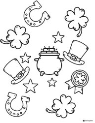 St. Patricks Day Icons Coloring Page with Gold Pot and Stars