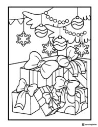 Stacked Christmas Presents Coloring Page with Ornaments and Ribbons