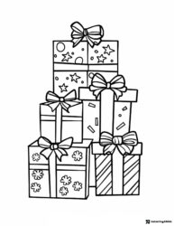 Stacked Gift Boxes Coloring Page with Ribbons and Patterns
