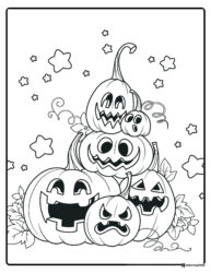 Stacked Pumpkins Coloring Page with Funny Faces and Stars