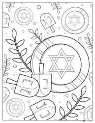 Star of David Hanukkah Coloring Page with Dreidels and Leaves