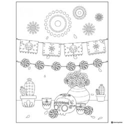 Sugar Skull Altar Coloring Page with Cactus and Garland Decor