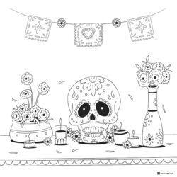 Sugar Skull Altar Coloring Page with Candles and Marigolds
