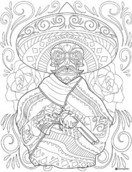 Sugar Skull Coloring Page with Floral Patterns and Heart Details