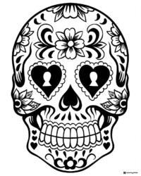Sugar Skull Coloring Page with Floral and Heart Eye Designs