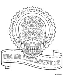 Sugar Skull Coloring Page with Rose and Dia de los Muertos Banner
