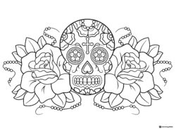 Sugar Skull Coloring Page with Roses and Rosary Beads