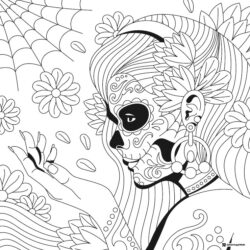 Sugar Skull Woman Coloring Page with Flowers and Web Design