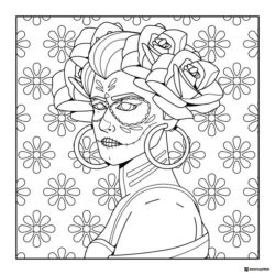 Sugar Skull Woman Coloring Page with Roses and Floral Background