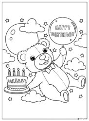Teddy Bear Birthday Coloring Page with Cake and Stars