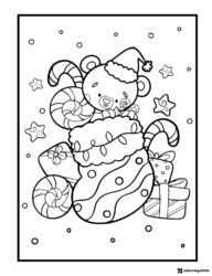 Teddy Bear in Ornament Coloring Page with Candy and Gifts