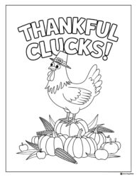 Thankful Clucks Chicken Coloring Page with Pumpkins