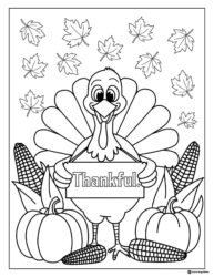 Thankful Turkey Coloring Page with Corn Pumpkins and Leaves