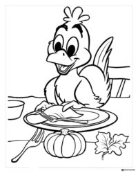 Thanksgiving Dinner Coloring Page with Smiling Bird and Plate