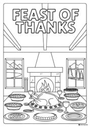 Thanksgiving Feast Coloring Page with Fireplace and Table
