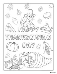 Thanksgiving Feast Coloring Sheet with Turkey and Harvest Food