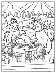 Thanksgiving Penguins Coloring Page at Dinner Table