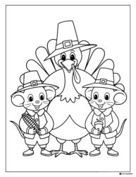 Thanksgiving Turkey and Mice Coloring Page in Hats