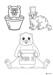 Three Groundhog Characters Coloring Page with FEB 2 Sign