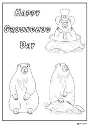 Three Groundhogs Coloring Page with Happy Groundhog Day Text