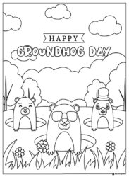 Three Groundhogs Coloring Sheet with Hat and Sunglasses