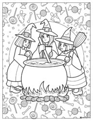 Three Witches Coloring Page with Cauldron and Candy Background