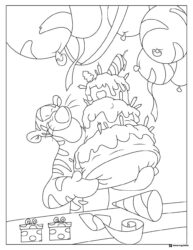Tigger Birthday Coloring Page with Cake and Decorations
