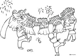 Traditional Dragon Dance Coloring Page with Fireworks Show