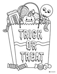 Trick or Treat Coloring Page with Candy and Pumpkin Accents