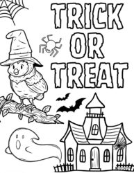 Trick or Treat Coloring Page with Owl Haunted House and Ghost