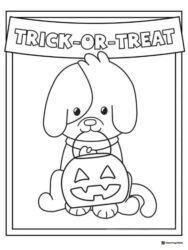 Trick or Treat Dog Coloring Page with Pumpkin Candy Bucket
