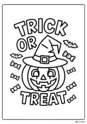 Trick or Treat Pumpkin Coloring Page with Candy and Bats