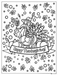 Turkey Coloring Page with Banner and Falling Leaves