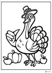 Turkey Coloring Page with Pilgrim Hat and Harvest Fruits