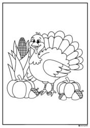 Turkey Coloring Sheet with Corn Pumpkins and Acorns