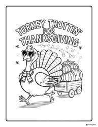 Turkey Trottin for Thanksgiving Coloring Page with Wagon of Pumpkins