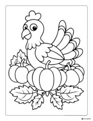 Turkey and Pumpkin Patch Coloring Page with Autumn Leaves