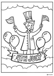 Uncle Sam Coloring Page Holding Flags with Balloons and Banner