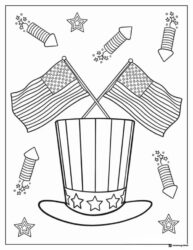 Uncle Sam Hat Coloring Page with Flags and Firework Rockets
