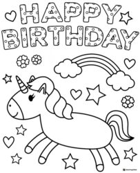Unicorn Birthday Coloring Page with Rainbow and Hearts