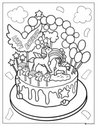 Unicorn Cake Coloring Page with Balloons and Decorations
