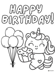 Unicorn Coloring Page with Cupcake and Birthday Balloons