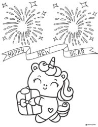 Unicorn Coloring Page with Gift and New Year Fireworks