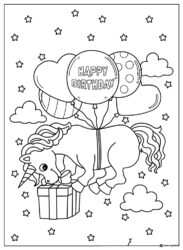 Unicorn with Balloons and Gift Birthday Coloring Page