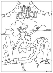 Viva Mexico Coloring Page with Dancing Girl and Cactus Scene